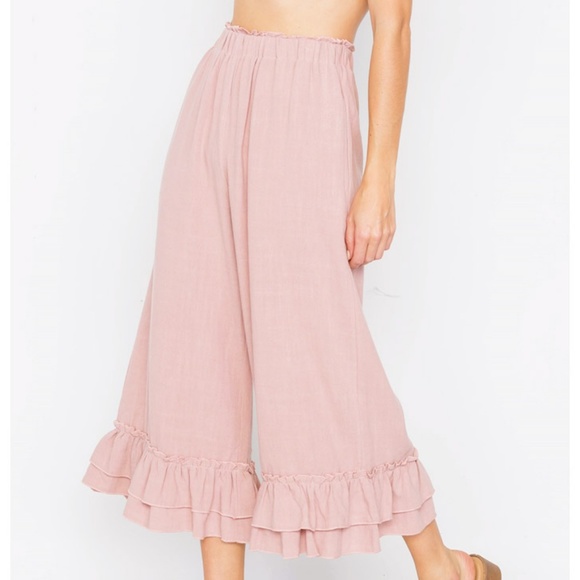 Last☝️Linen/Cotton Ruffle High Waist Culotte Pants - Picture 2 of 8